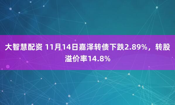 大智慧配资 11月14日嘉泽转债下跌2.89%，转股溢价率14.8%